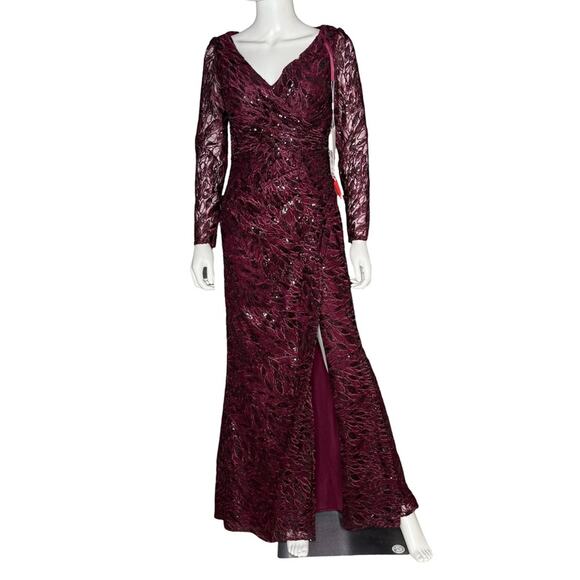 Mac Duggal Long Sleeve Ruched Sequined V-Neck Gown Garnet Women’s Sz 6 NWT - Picture 2 of 9